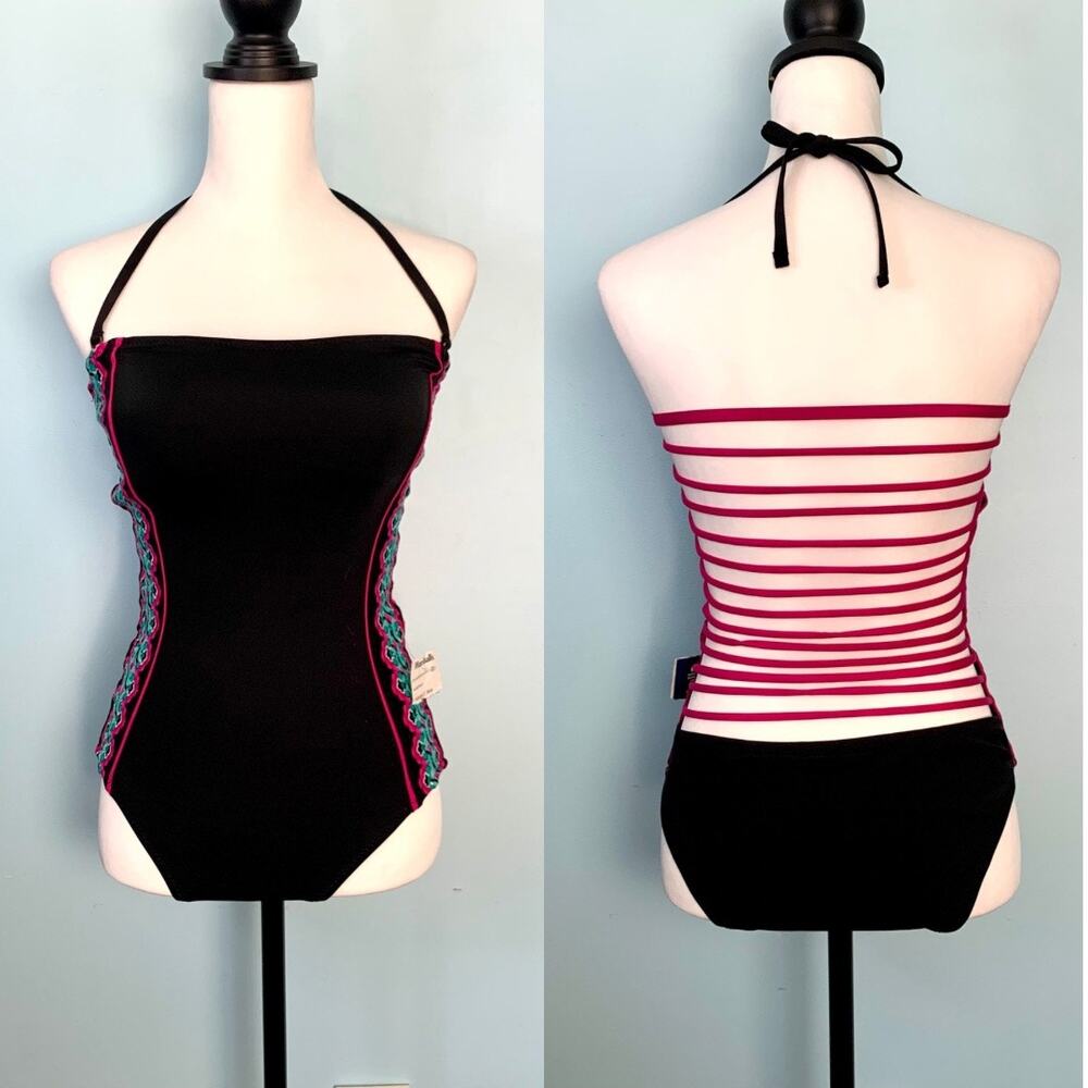 NWT Becca Black One Piece with Pink Strappy Back Size Medium
